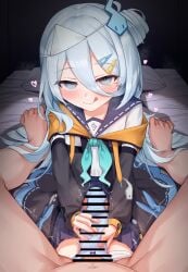 1boy :q absurdres bar_censor blue_eyes blue_hair blue_panties bow bow_panties censored closed_mouth commentary_request commission female hair_between_eyes hair_ornament hairclip handjob highres long_hair long_sleeves panties panties_on_penis penis petite pita_goral pov pov_crotch seiza sitting skeb_commission straight suzutuki_sui tongue tongue_out twitching_penis underwear variant_set varium