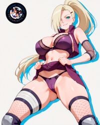 ai_generated aqua_eyes ass_visible_through_thighs bangs bare_shoulders black_clothes black_underwear blonde_hair blue_eyes blush bra breasts cameltoe cleavage clothes_lift clothes_pull clothing elbow_pads female female female_only fishnet_legwear fishnet_thighhighs fishnets footwear grin hair_ornament hair_over_one_eye hairclip ino_yamanaka large_breasts legwear lifted_by_self long_hair looking_at_viewer miniskirt naruto naruto_shippuden navel obscuryottoai open_clothes panties pantsu ponytail purple_bra purple_panties purple_skirt purple_underwear shirt skindentation skirt skirt_lift skirt_pull sleeveless_jacket smile solo standing thick_thighs thighhighs thighs underwear very_long_hair