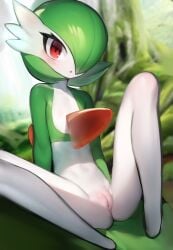 blurry blurry_background blush bob_cut censored cleft_of_venus collarbone colored_skin commentary female flat_chest gardevoir green_hair green_skin hair_over_one_eye kekekejima knees_up looking_at_viewer mosaic_censoring multicolored_skin no_feet one_eye_covered open_mouth outdoors pokemon pokemon_(creature) pussy red_eyes short_hair sitting solo spread_legs two-tone_skin white_skin