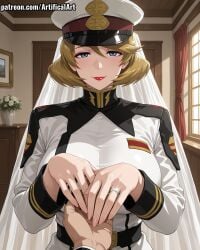 1girls ai_generated artifical_art big_breasts blonde_hair blue_eyes bride curvy gundam gundam_seed_destiny mature mature_female milf military_hat mommy mother perfect_body short_hair talia_gladys