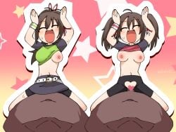 2boys 2girls areolae belt black_skirt breasts breasts_out brown_hair caramelldansen closed_eyes cowgirl_position cutout dancing dark-skinned_male female green_shirt heart_cutout interracial light-skinned_female long_hair male mv_character navel nazunobasho nipples open_mouth red_shirt sex shirt short_sleeves shorts skirt star_(symbol) straight twintails white_belt