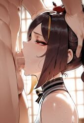 1boy 1girls ai_generated bangs bare_shoulders black_hair blonde_hair blush breasts brown_hair chiori_(genshin_impact) choker clothed_female clothed_female_nude_male clothing curvaceous curvaceous_female curvaceous_figure curvy curvy_figure deepthroat erection eyeshadow fellatio female female female_focus genshin_impact hair_ornament hair_ribbon half-closed_eyes hand_on_another's_head head_grab hoyoverse indoors irrumatio large_breasts large_penis light-skinned_female makeup male miyuai multicolored_hair nipples nude nude_male oral penis ponytail red_eyes ribbon runny_makeup saliva sex sidelocks solo_focus straight streaked_hair sweat testicles tongue tongue_out veins veiny_penis voluptuous voluptuous_female window
