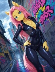 2025 ai_generated blue_eyes catsuit deviantart elryusam fluttershy_(eg) fluttershy_(mlp) hands_on_body hasbro meta my_little_pony my_little_pony_equestria_girls my_little_pony_friendship_is_magic not_porn pink_cheeks pink_hair pink_tail pony_ears pony_tail raining wet_body wet_skin wet_suit yellow_body yellow_skin