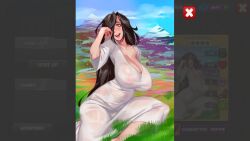 black_hair colorful_background crazy crazy_eyes crazy_girl crazy_smile damp nipple_bulge nipples nipples_visible_through_clothing town_of_sins wet wet_clothes