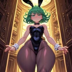 ai_generated bunnysuit female flat_chest front_view green_eyes one-punch_man pantyhose tatsumaki thick_thighs