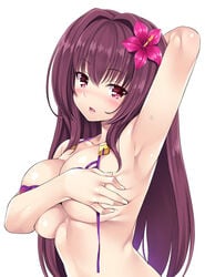 arm_up armpits bangs bikini blush collarbone covering covering_chest eyebrows_visible_through_hair fate/grand_order fate_(series) female flower hair_flower hair_ornament highres long_hair looking_at_viewer mizuhara_yuu open_mouth purple_bikini purple_eyes purple_flower purple_hair rip@lip scathach_(fate) scathach_(swimsuit_assassin) simple_background solo swimsuit untied untied_bikini upper_body white_background