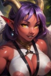 1futa ai_generated angel_wings demon_futa demon_girl demon_horns devil earrings elf_ears freckles futanari gold_jewelry harness horns hourglass_figure intersex large_breasts light_skin looking_at_viewer micropenis portrait precum precum_drip purple_hair purple_skin red_skin scales small_penis solo_futa straps succubus succubus_horns thick thick_thighs
