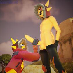 1girl1boy beach breasts exposed_breasts female femboy fortnite gentlecat handjob male naked_coat naked_jacket pickle_juice rule_63 selfcest sunspot_(fortnite) sunspot_gal_(pickle_juice)