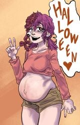 1girls 2d 2d_(artwork) belly_focus big_belly brain chainsaw_man clothing cosmo_(chainsaw_man) crop_top fanart female_only heart-shaped_pupils heart_eyes implied_futanari looking_at_viewer looking_happy original_art original_artwork peace_sign pink_hair pregnancy pregnant pregnant_belly pregnant_female quanxi's_group_(chainsaw_man) shorts sole_female speech_bubble zombie zombie_girl