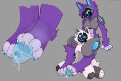 2d_artwork anthro bigger_dom bigger_female close-up couple female femboy femdom footjob kerfuś male pawjob pizzaguyy9 precum protogen purple_fur recolor remake smaller_male smaller_sub