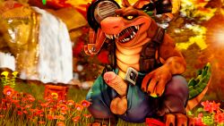 1boy 2023 3d anthro balls crash_(series) crate crocodilian detailed_background dingodile erection explosives flowers grass hi_res hybrid looking_at_viewer male male_only moonwulf open_mouth penis precum scalie scalie_male solo source_filmmaker sunset tail tnt tnt_crate tongue_out unzipped video_games waterfall wumpa_fruit yellow_sclera