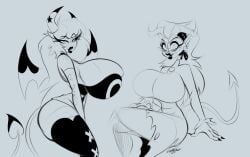 2girls big_breasts breasts busty curvy demon demon_girl demon_horns demon_tail demon_wings female gothstoat helluva_boss huge_breasts mayberry_(helluva_boss) sketch succubus thick_thighs verosika_mayday_(helluva_boss) wide_hips wings