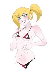 anoneysnufftan batman_(series) bikini blonde_hair bust_portrait dc_comics evil_grin female female female_only green_eyes harley_quinn solo swimsuit transparent_background waist_up white_skin