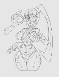 female glasses ironfist.girl_(oracle_dominus) looking_at_viewer no_bra oracle_dominus robot_girl string_panties transparent_breasts