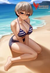 1girls 2d ai_generated ass back barefoot beach big_ass big_breasts bikini bikini_top blue_bikini blue_eyes cleavage day erophoenix feet gray_hair looking_at_viewer looking_back outdoors pale_skinned_female patreon_username short_hair short_shorts shorts sitting skin_fang sky smile soles solo swimsuit two-tone_hair uncensored uzaki-chan_wa_asobitai! uzaki_hana white_hair