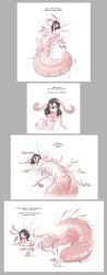 2022 4_arms 4_breasts absurd_res antennae_(anatomy) anthro arthropod arthropod_abdomen black_hair bodily_fluids breasts egg egg_from_ovipositor egg_laying english_text female genital_fluids genitals group hi_res insect_wings insects lying matriarch_worm multi_arm multi_breast multi_limb naked neck_tuft nipples non-mammal_breasts non-mammal_nipples nude open_mouth pussy simple_background solo_focus strawberrytfs text transformation tuft white_background wings