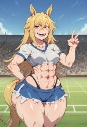 abs ai_generated blonde_hair friki8otaku massive_ass rudy_lemono sharp_teeth thicc thighhighs umamusume:_cinderella_gray wide_hips yellow_eyes