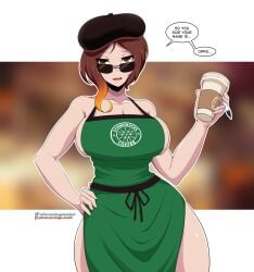 1girls apron beret big_breasts brown_eyes brown_hair coco_adel coffee cup dragon_breath drink female hand_on_hip holding_object iced_latte_with_breast_milk light-skinned_female light_skin naked_apron nude nude_female orange_hair partially_clothed pen rwby short_hair solo solo_female starbucks sunglasses two_tone_hair