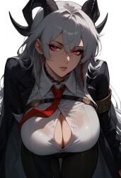 ai_generated big_ass breasts cleavage eyes female hexd horns large_breasts leaning_forward long_hair mature_female presenting_breasts red round_ass seductive_look showing_off white_hair wuthering_waves zani_(wuthering_waves)