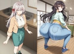 1futa 1girls ai_generated alisa_mikhailovna_kujou ass ass_shake big_ass black_shoes blue_pants blush breasts casual coat erect_penis erection erection_under_clothes female green_skirt hair_ribbon jeans long_hair long_sleeves looking_at_viewer looking_back motion_blur motion_lines necklace pants penis purple_eyes red_ribbon ribbon shaking_ass shirt shoes skirt smile socks squatting standing suou_yuki tease teasing thick_ass thick_thighs tokidoki_bosotto_russian_de_dereru_tonari_no_alya-san twerk twerking visible_penis white_shirt wide_hips yellow_shirt