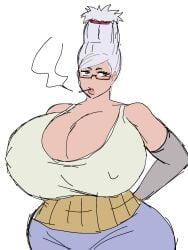1girls 2d 2d_(artwork) armwear ayase_seiko breasts breasts_bigger_than_head brown_eyes cigarette dandadan digital_media_(artwork) dolphin_shorts gilf glasses grandmother granny hips large_breasts lips momiji_(artist) nipple_bulge red_glasses rolling_eyes shorts smoking smoking_cigarette solo solo_female tank_top white_hair white_tank_top wide_hips