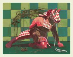 animal_genitalia animal_penis anthro bondage bondage_gear bondage_gloves bridle checkered checkered_background clothing contort_desire equid equine equine_genitalia equine_penis feces genitals hair handwear hay hi_res hoof_gloves horse latex latex_clothing latex_legwear legwear mammal mask pattern_background penis red_hair simple_background smearing_feces solo trans_(lore) trans_woman_(lore)