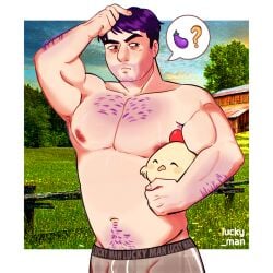 chubby_male gay homosexual lucky_man male_only man_boobs purple_hair shane_(stardew_valley) shirtless stardew_valley