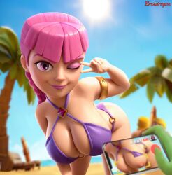 1boy 1girls 2d 2d_(artwork) archer_(clash_of_clans) archer_(clash_royale) beach bikini breasts breasts_focus brskdrvgon clash_(series) clash_royale evolution_archer_(clash_royale) female goblin_(clash_royale) heheheha huge_breasts male pink_eyeshadow pink_hair ponytail purple_bikini selfie selfie_pose unseen_male_face