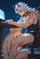 aether_(genshin_impact) ai_generated arataki_itto bara blowjob femboy gamer gamer_chair gay genshin_impact gylesloh male male_only oral_sex size_difference twink
