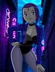 2025 ai_generated black_canary black_canary_(cosplay) black_canary_(dcau) cartoon_network dc_comics dc_super_hero_girls dcau deviantart elryusam grey_body grey_skin jewel_on_forehead meta not_porn purple_eyes purple_hair raven_(teen_titans) teen_titans