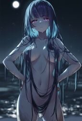 ai_generated angry_expression female_focus genshin_impact hands_on_hips moonlight naked_female night_background nipples_covered purple_eyes purple_hair pussy_covered raaicave raiden_shogun