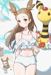 bare_arms bare_belly bare_legs bare_shoulders bare_thighs beach belly_button bikini blush bracelet breasts brown_eyes brown_hair cleavage closed_mouth collarbone jasmine_(pokemon) long_hair off_shoulder outdoors pokemon small_breasts thighs white_bikini yosame0a