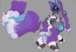 2d_artwork anthro bigger_dom bigger_female close-up couple cum cum_on_feet cumshot ejaculation female femboy femdom footjob kerfuś male pawjob pizzaguyy9 protogen purple_fur recolor remake smaller_male smaller_sub