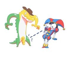 1boy1girl blush domnirch female gummigoo_(the_amazing_digital_circus) hat looking_at_penis penis_out pomni_(the_amazing_digital_circus) simple_background text the_amazing_digital_circus