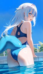 1girls anska bikini blue_bikini blue_eyes blue_hair blush female gawr_gura hairclip hololive hololive_english hololive_myth long_hair looking_back outdoors partially_submerged pool rear_view shark_girl shark_tail sharp_teeth solo solo_female tagme tail two_tone_hair virtual_youtuber vtuber white_hair