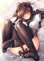 black_gloves black_hair blush bodysuit breasts cum cum_on_body cum_on_feet cum_on_lower_body cum_on_soles feet female gloves hair_flaps hairband hatsuzuki_(kantai_collection) headband highres kantai_collection lying neckerchief nipples no_shoes on_back on_bed panties pantyhose red_panties sasachin_(k+w) school_uniform serafuku short_hair soles solo spread_toes toe_socks toes underwear yellow_eyes