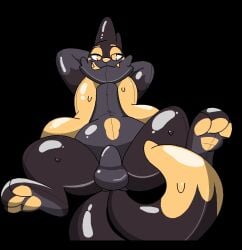 2_tails animal_genitalia animate_inanimate anthro buizel floatzel fluxzel_(character) generation_4_pokemon genitals inflatable living_inflatable looking_at_viewer lying male multi_tail nintendo null_bulge on_back pawpads pokemon pokemon_(species) presenting sheath sheath_bulge smile smirk solo solo_focus tail themadastronaut
