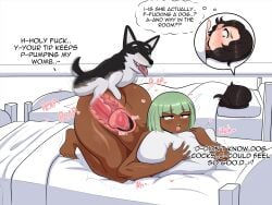 2girls canine canine_penis cervical_penetration cervix cinder_fall cock_sleeve color comic dark_hair emerald_sustrai female female_on_feral gold_eyes green_hair hearts_around_head hearts_around_text interspecies kinathefox knot penis plap red_eyes rwby stealth_sex sweat sweatdrop sweating sweaty tagme text vaginal_penetration vaginal_sex zoophilia zwei