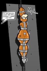 anthro bondage chastity_cage chastity_device collar dialogue forced gag gagged gibbet hi_res hood lagomorph latex leporid male mammal metal metal_chastity_cage metal_collar metal_restraints prison rabbit solo stocking_(stockingmiami) stockingmiami suspension