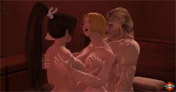 1boy2girls big_breasts bisexual bisexual_female blonde_hair breast_squeeze breasts brown_hair darksun64 fatal_fury female ffm_threesome from_behind implied_penetration implied_sex king_of_fighters mai_shiranui male mary_blue moaning snk squeezing_breasts terry_bogard threesome