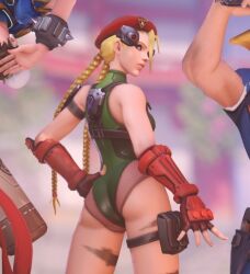 2025 3d armwear back_view beret blizzard_entertainment blonde_female blonde_hair braid braided_twintails cammy_white_(cosplay) cosplay crossover_cosplay female fingerless_gloves fishnets green_clothing leotard light-skinned_female looking_at_viewer looking_back overwatch overwatch_2 red_armwear red_beret screencap screenshot sleeveless sleeveless_leotard street_fighter twitter_link widowmaker