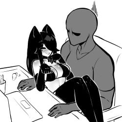 1boy 1girls 2024 animal_ears anon anonymous_male big_breasts bikini black_hair blush breasts busty cat_ears catgirl cleavage cute elbow_gloves facial_markings female gloves hair_over_one_eye large_breasts long_hair male navel original paw_pose sitting sitting_on_lap sitting_on_person tagme tekona thighhighs tongue tongue_out voluptuous
