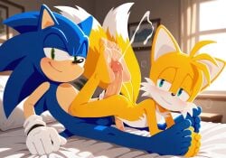aged_up ai_generated cumming cumming_from_footjob cute feet feet_focus feet_on_penis footjob gay half-closed_eyes homosexual miles_prower penis penis_size_difference smiling_at_partner sonic_(series) sonic_the_hedgehog sonic_the_hedgehog_(series) tails tails_the_fox yaoi