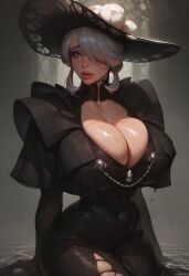 1girls ai_generated black_dress blush bursting_breasts civitai cleavage cogita_(pokemon) grey_eyes grey_hair hair_over_one_eye hat huge_breasts looking_at_viewer mamely32 pokemon short_hair sitting solo wet_body