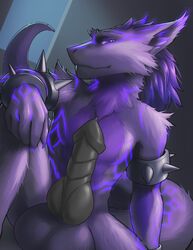 ailaanne anthro balls big_balls big_ears big_penis bioluminescence canine erection fish fur glowing hybrid knot looking_at_viewer male male_only maltheron_(oc) mammal marine nude penis purple_fur shark sitting smile solo wolf