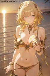 1girl aglaea_(honkai:_star_rail) ai_generated beach bikini blush breast_grab breasts female gold_bikini gold_bracelet gold_jewelry green_eyes hair_accessory hair_ornament honkai:_star_rail hoyoverse luka45 mihoyo navel patreon patreon_reward patreon_url patreon_username smile smiling smiling_at_viewer solo touching_breast wet wet_body