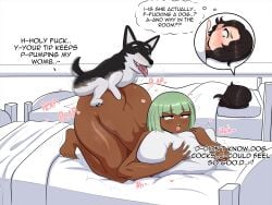 2girls canine canine_penis cinder_fall cock_sleeve color comic dark_hair dirty_talk emerald_sustrai female female_on_feral gold_eyes green_hair hearts_around_head hearts_around_text interspecies kinathefox knot penis plap red_eyes rwby stealth_sex sweat sweatdrop sweating sweaty tagme text vaginal_penetration vaginal_sex zoophilia zwei