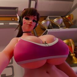 1boy 1girls alternate_version anonymous_male asian asian_female big_breasts blizzard_entertainment breasts clothed clothed_female d.va dbhfrost female female_focus giantess hana_song huge_boobs huge_breasts korean korean_female light-skinned_female light_skin male midriff midriff_baring_shirt overwatch overwatch_2 scrag_d.va shrunk shrunken_male trophies trophy_case tummy
