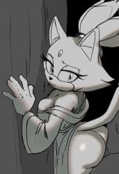 accessory against_surface ambiguous_species anthro apsel_bluestar arched_back ass bare_shoulders bathrobe bathrobe_only big_ass biped blaze_the_cat breast_squish breasts bubble_butt butt_squish cheek_tuft cleavage clothed clothing domestic_cat eyelashes facial_tuft felid feline felis female forehead_gem gem greyscale hair_accessory hair_tie hi_res huge_ass long_eyelashes looking_at_another looking_at_partner looking_back looking_back_at_another looking_back_at_partner male male/female mammal monochrome nervous pressing_against robe sega side_boob skimpy small_waist sonic_(series) sonic_the_hedgehog_(series) squish tuft wide_hips