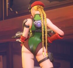 1girls 2025 3d armwear ass back_view blizzard_entertainment blonde_hair braid braided_hair braided_twintails cammy_white_(cosplay) cosplay crossover_cosplay female female_only green_clothing gun holding_weapon leotard light-skinned_female long_hair overwatch overwatch_2 red_armwear rifle screenshot solo standing street_fighter twitter_link video_game_character video_games weapon widowmaker